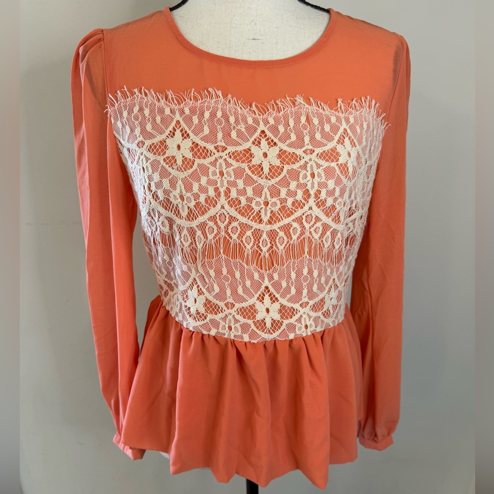 Darling Acacia Top coral blouse with cream lace overlay  size medium